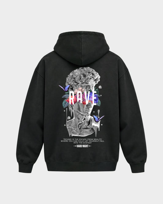 Greek Rave – Oversized Hoodie in Schwarz, Rückenprint – Hard Nights