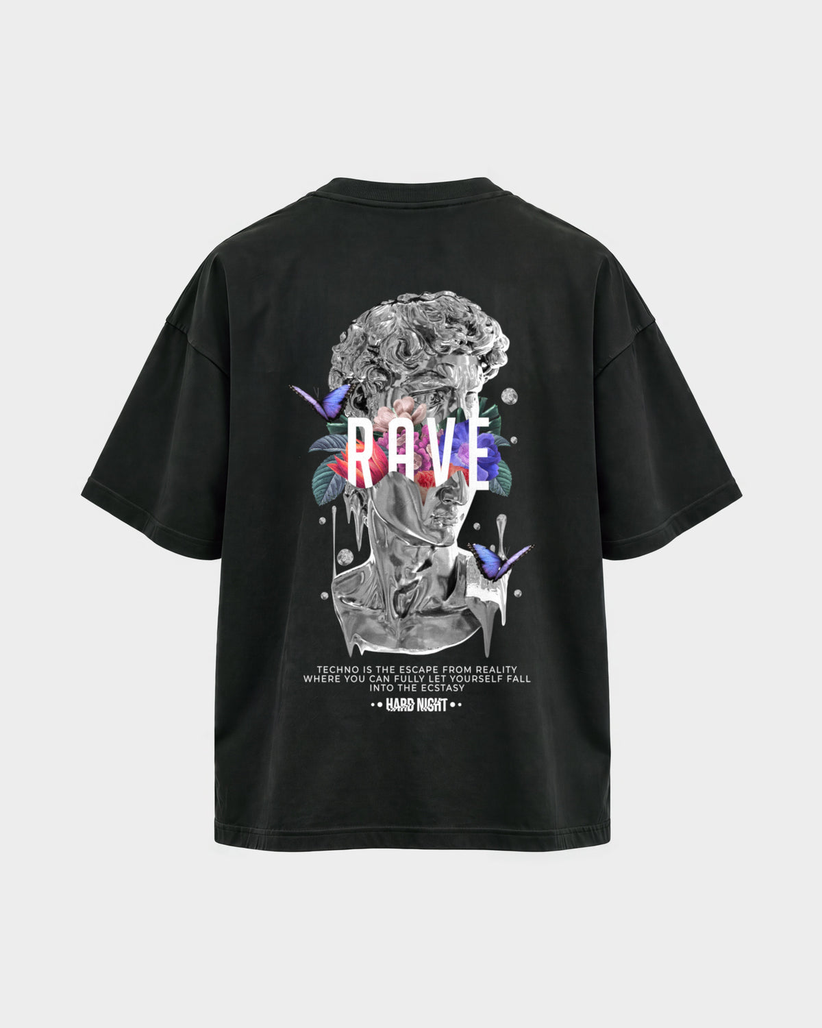 Greek Rave – Oversized Shirt in Schwarz, Rückenprint – Hard Nights