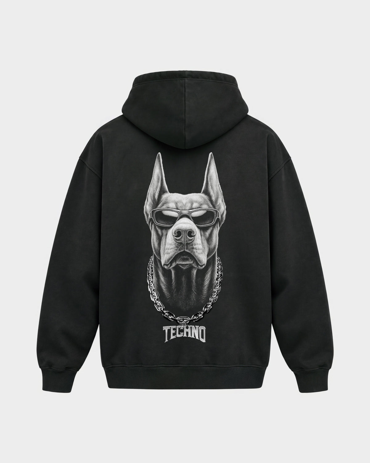 Hard Dog – Oversized Hoodie in Schwarz, Rückenprint – Hard Nights