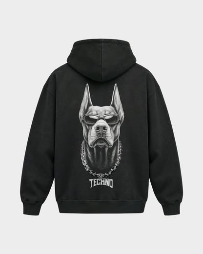 Hard Dog – Oversized Hoodie in Schwarz, Rückenprint – Hard Nights