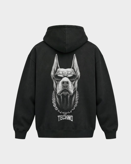 Hard Dog – Oversized Hoodie in Schwarz, Rückenprint – Hard Nights