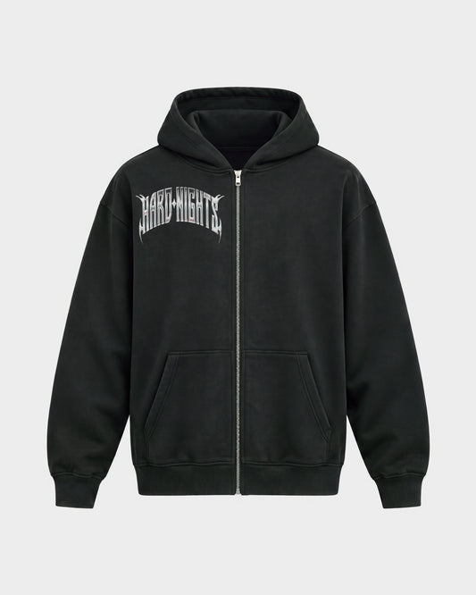 Hard Dog – Oversized Zipper Hoodie in Schwarz, Frontprint – Hard Nights