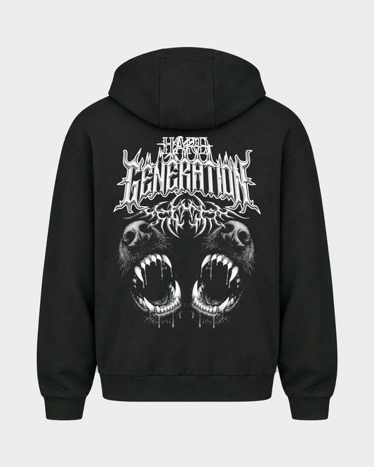 Hard Generation – Oversized Zipper Hoodie in Schwarz, Rückenprint – Hard Nights
