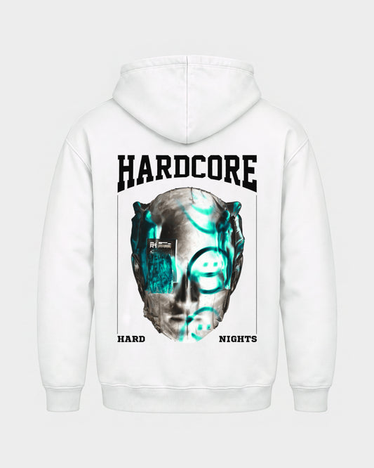 Hardcore – Basic Hoodie in Weiß, Rückenprint – Hard Nights