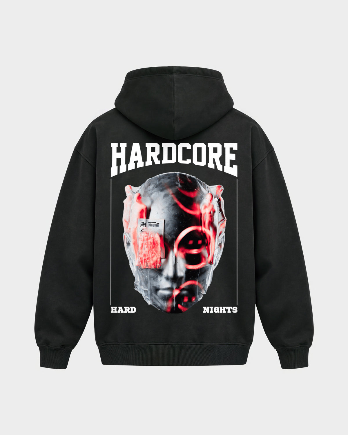 Hardcore – Oversized Hoodie in Schwarz, Rückenprint – Hard Nights