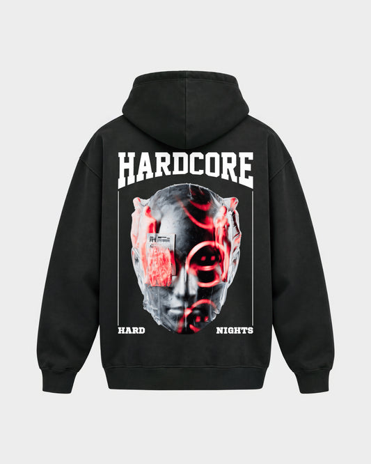 Hardcore – Oversized Hoodie in Schwarz, Rückenprint – Hard Nights