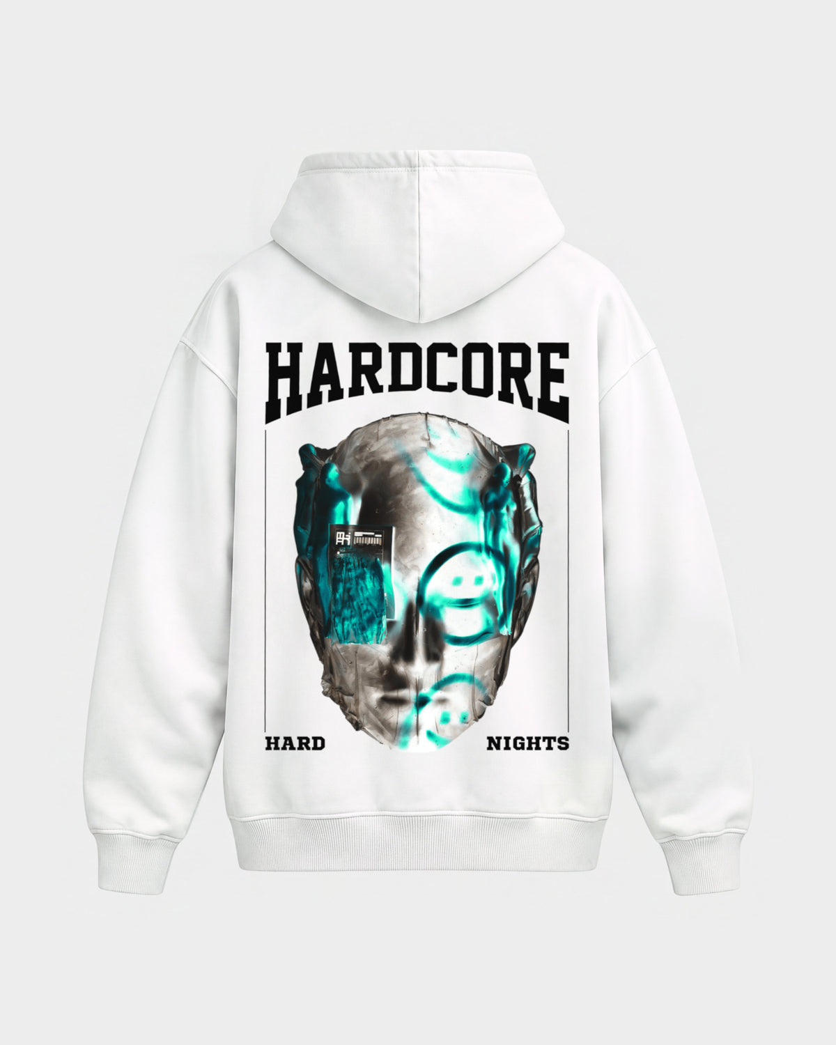Hardcore – Oversized Hoodie in Weiß, Rückenprint – Hard Nights