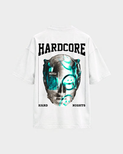 Hardcore – Oversized Shirt in Weiß, Rückenprint – Hard Nights