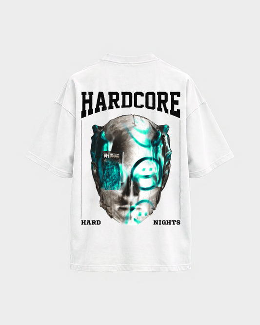 Hardcore – Oversized Shirt in Weiß, Rückenprint – Hard Nights