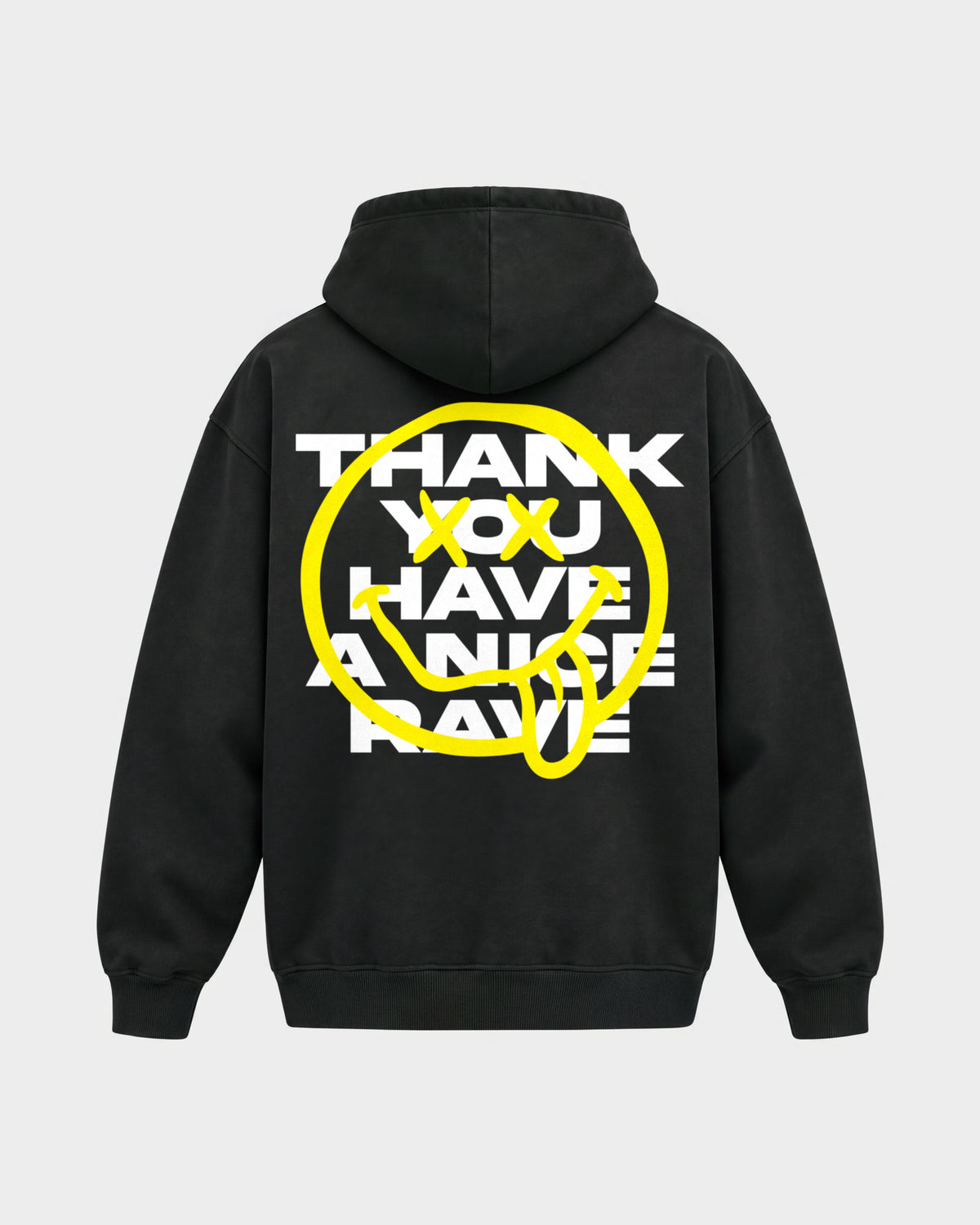 Have a nice rave – Oversized Hoodie in Schwarz, Rückenprint – Hard Nights