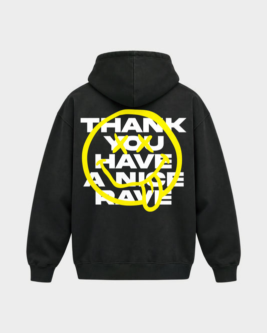 Have a nice rave – Oversized Hoodie in Schwarz, Rückenprint – Hard Nights