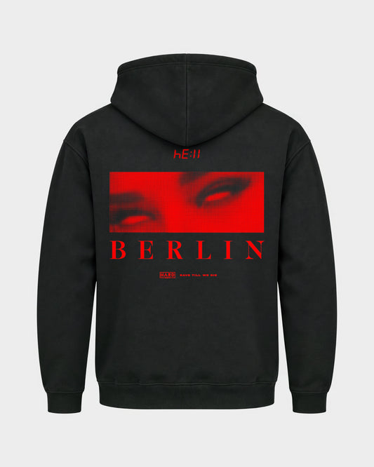 Hell Berlin – Basic Hoodie in Schwarz, Rückenprint – Hard Nights
