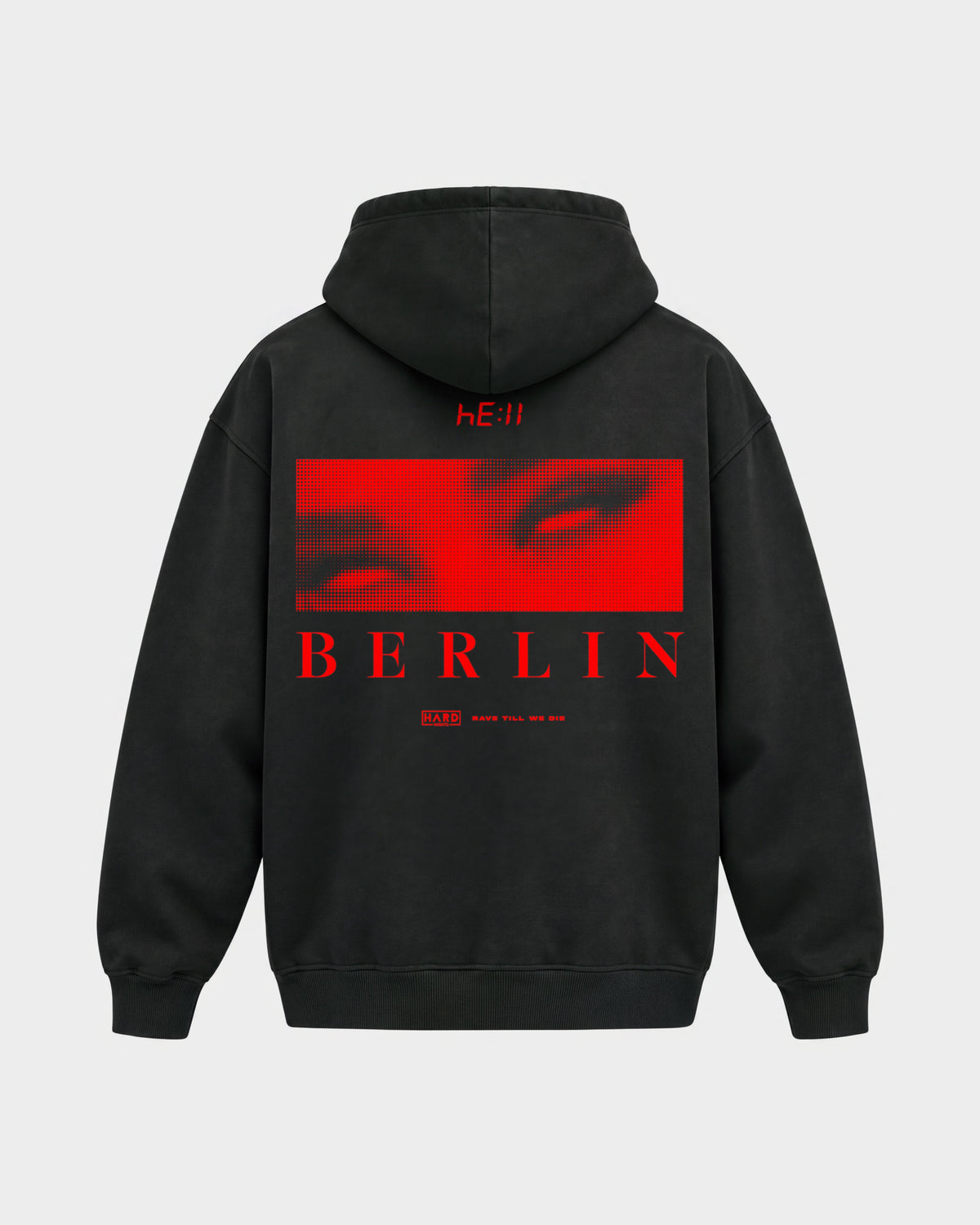 Hell Berlin – Oversized Hoodie in Schwarz, Rückenprint – Hard Nights