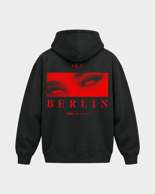 Hell Berlin – Oversized Hoodie in Schwarz, Rückenprint – Hard Nights