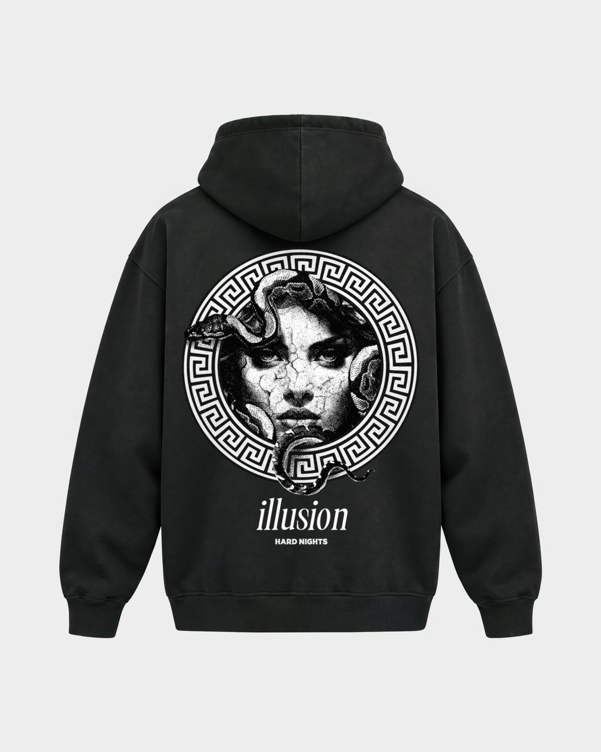 Illusion – Oversized Hoodie in Schwarz, Rückenprint – Hard Nights
