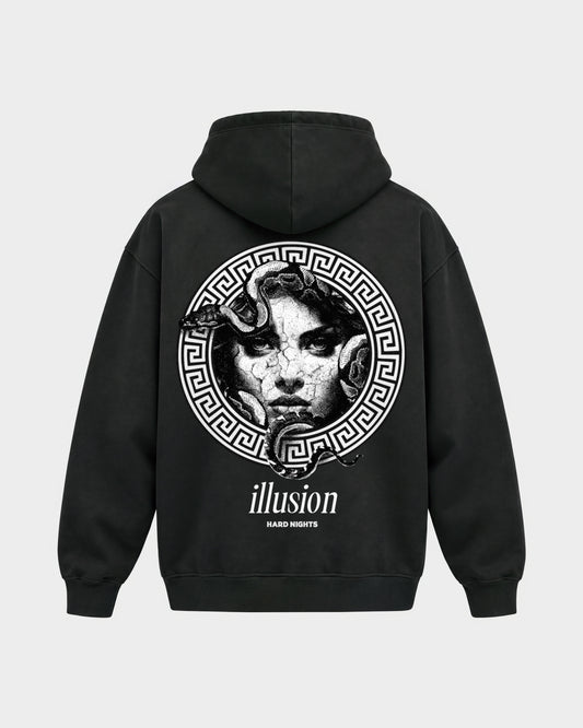 Illusion – Oversized Hoodie in Schwarz, Rückenprint – Hard Nights