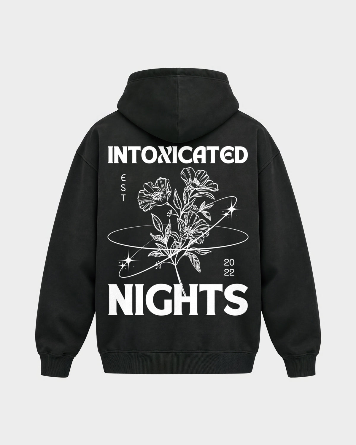 Intoxicated Nights – Oversized Hoodie in Schwarz, Rückenprint – Hard Nights