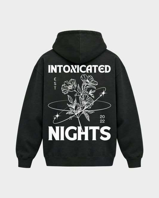 Intoxicated Nights – Oversized Hoodie in Schwarz, Rückenprint – Hard Nights