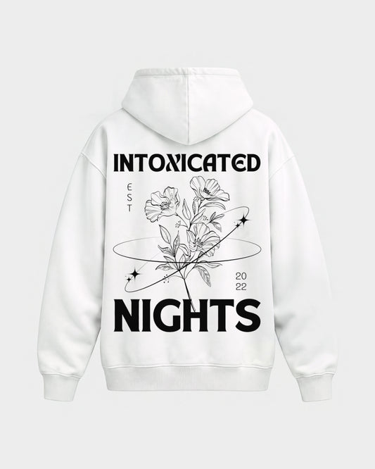 Intoxicated Nights – Oversized Hoodie in Weiß, Rückenprint – Hard Nights