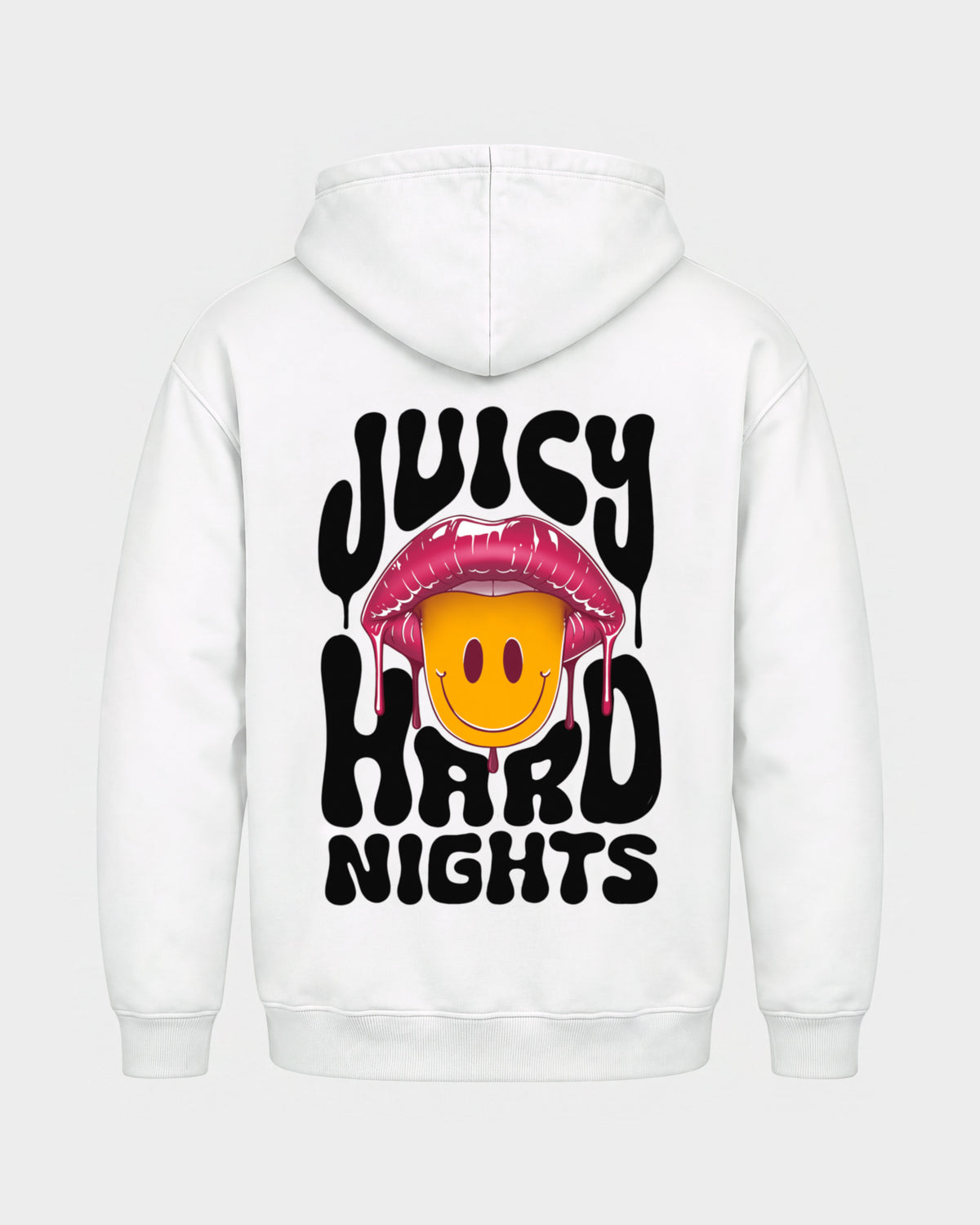 Juicy Hard Nights – Basic Hoodie in Weiß, Rückenprint – Hard Nights