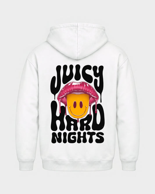 Juicy Hard Nights – Basic Hoodie in Weiß, Rückenprint – Hard Nights