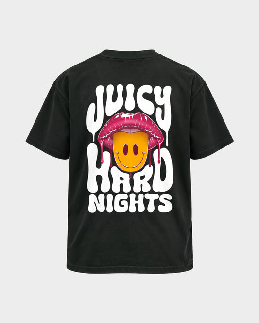 Juicy Hard Nights – Basic Shirt in Schwarz, Rückenprint – Hard Nights