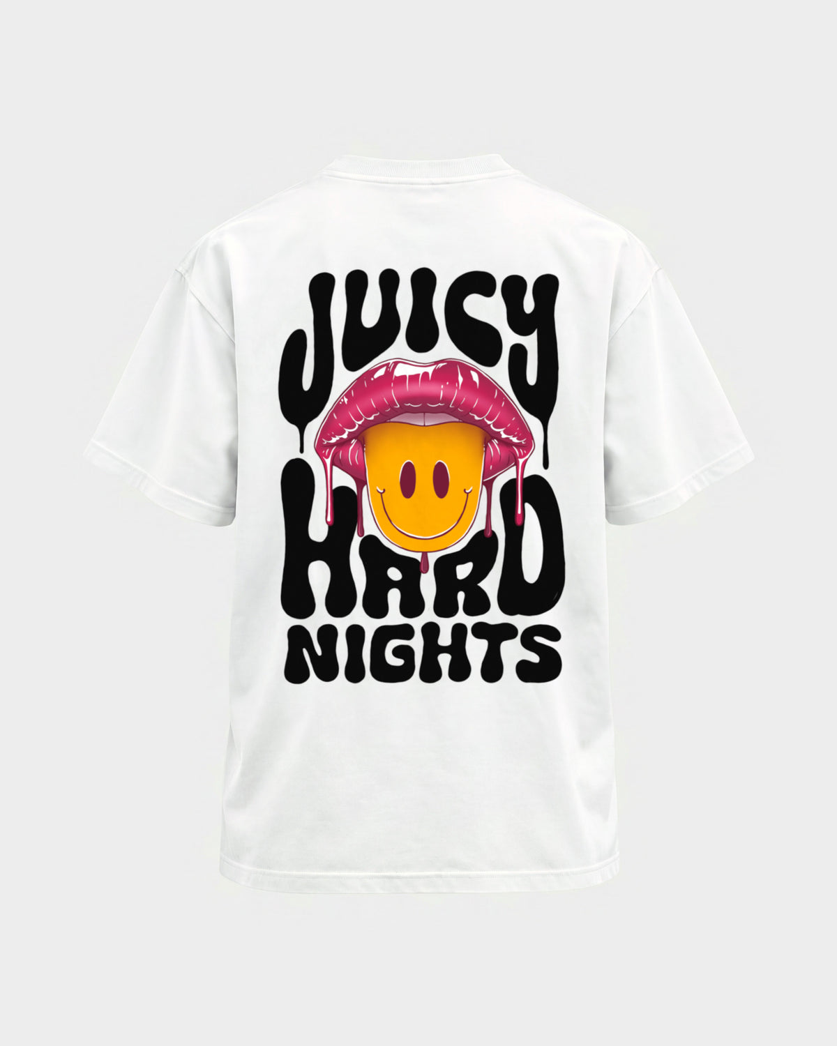Juicy Hard Nights – Basic Shirt in Weiß, Rückenprint – Hard Nights