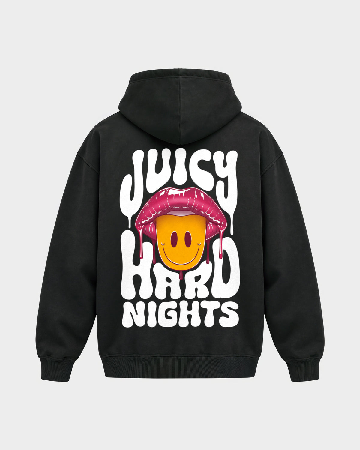 Juicy Hard Nights – Oversized Hoodie in Schwarz, Rückenprint – Hard Nights