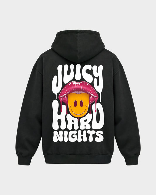 Juicy Hard Nights – Oversized Hoodie in Schwarz, Rückenprint – Hard Nights