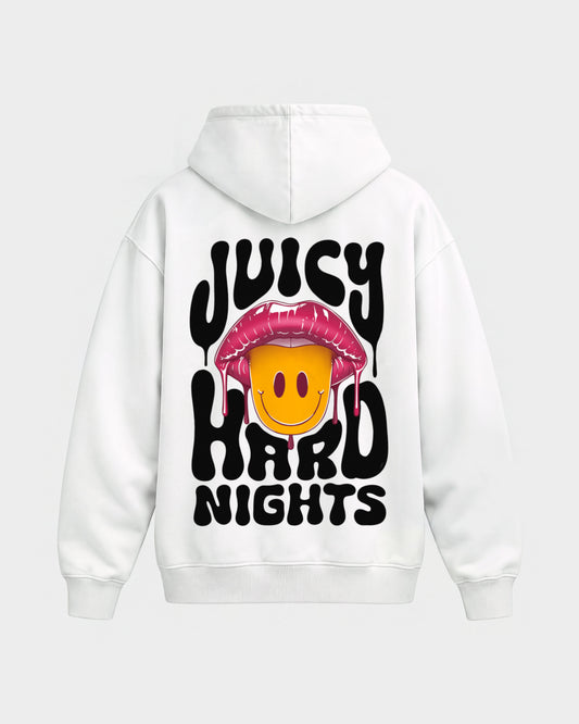 Juicy Hard Nights – Oversized Hoodie in Weiß, Rückenprint – Hard Nights