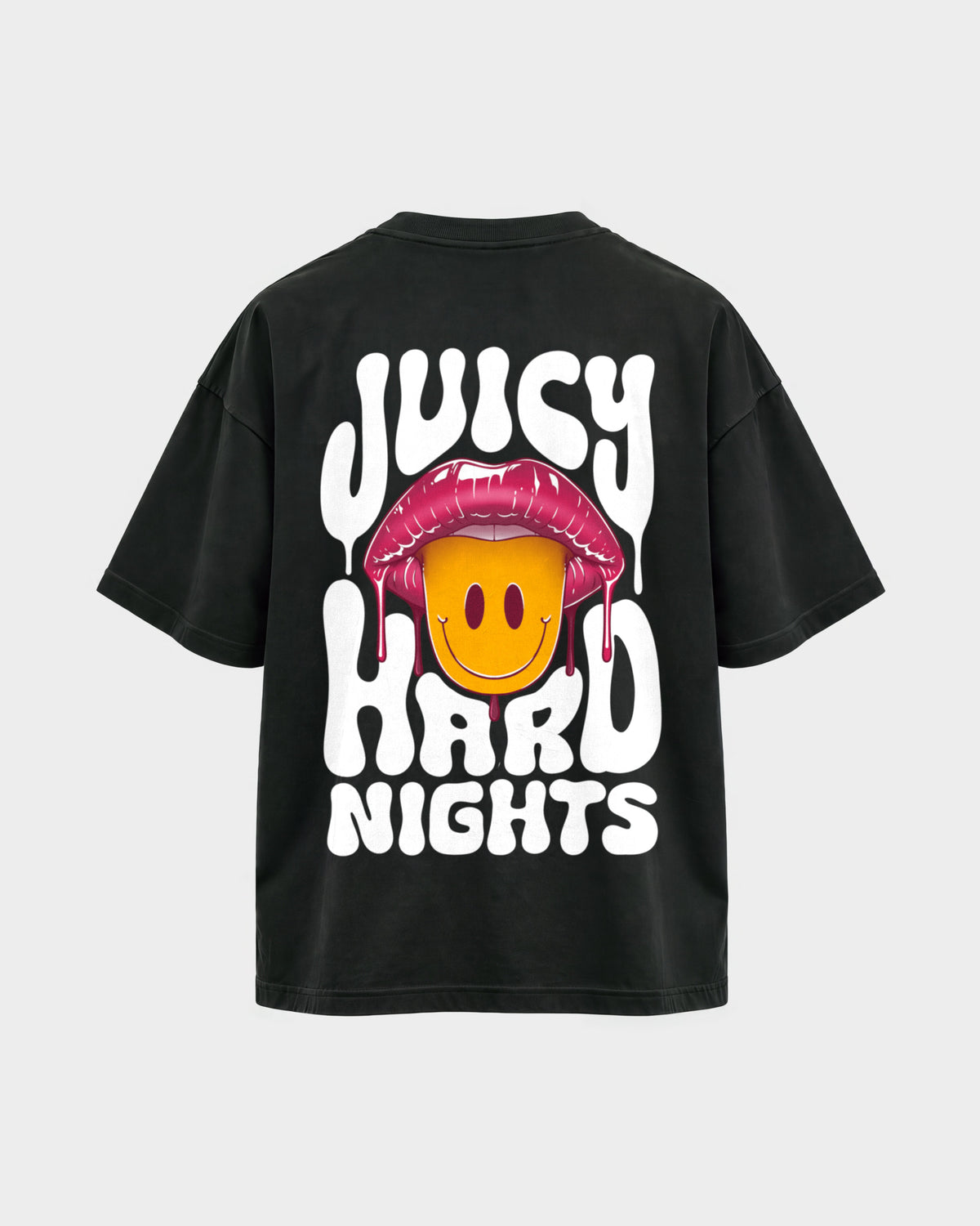 Juicy Hard Nights – Oversized Shirt in Schwarz, Rückenprint – Hard Nights
