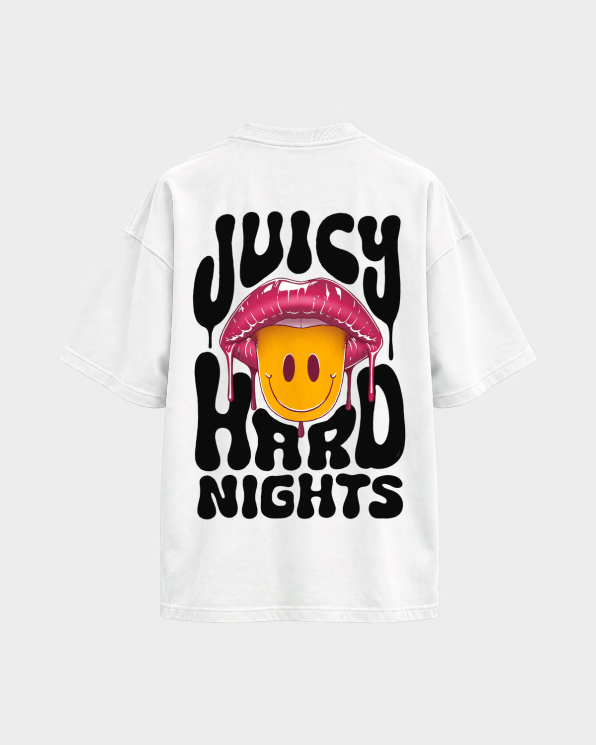 Juicy Hard Nights – Oversized Shirt in Weiß, Rückenprint – Hard Nights