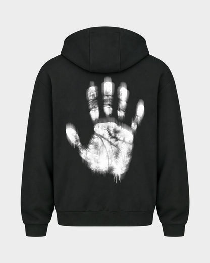 Last night a dj saved my life – Oversized Zipper Hoodie in Schwarz, Rückenprint – Hard Nights