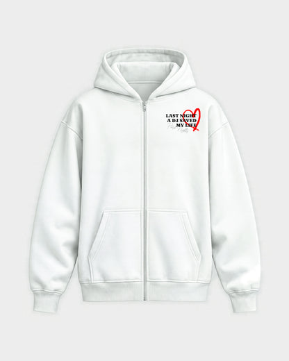 Last night a dj saved my life – Oversized Zipper Hoodie in Weiß, Frontprint – Hard Nights