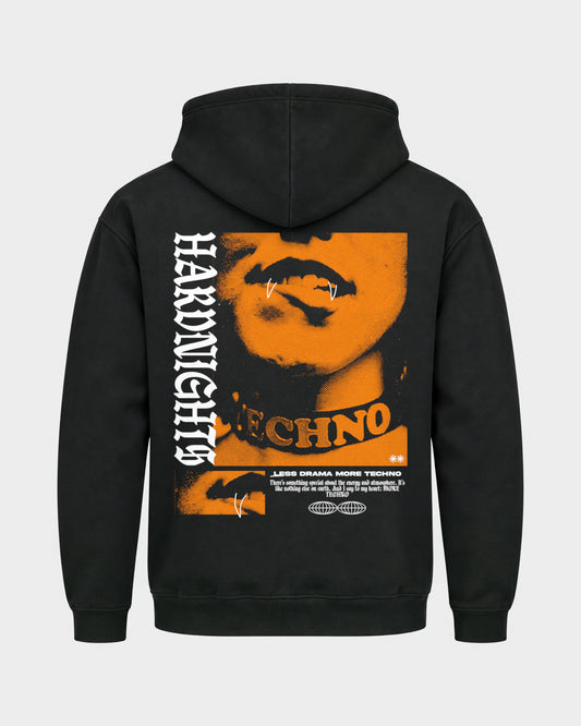 Less drama more techno – Basic Hoodie in Schwarz, Rückenprint – Hard Nights