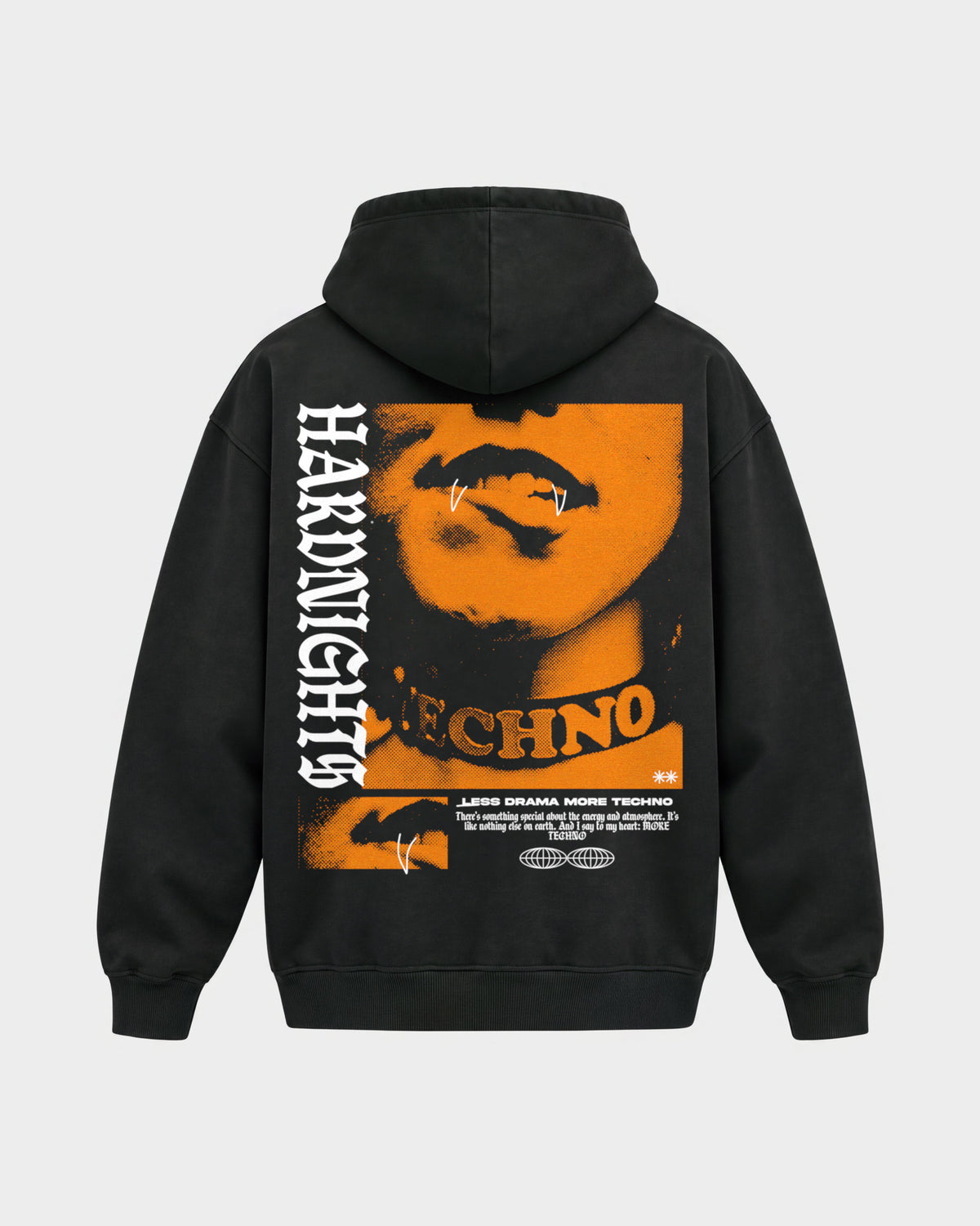 Less drama more techno – Oversized Hoodie in Schwarz, Rückenprint – Hard Nights
