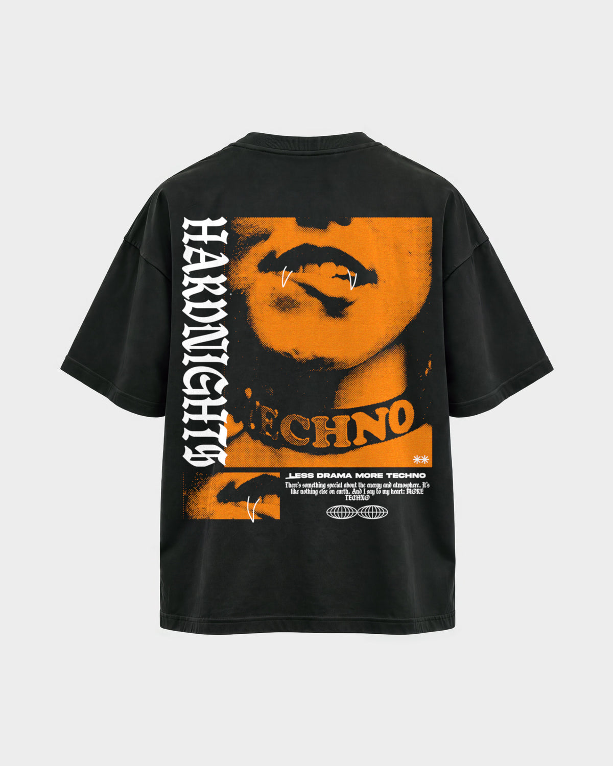 Less drama more techno – Oversized Shirt in Schwarz, Rückenprint – Hard Nights