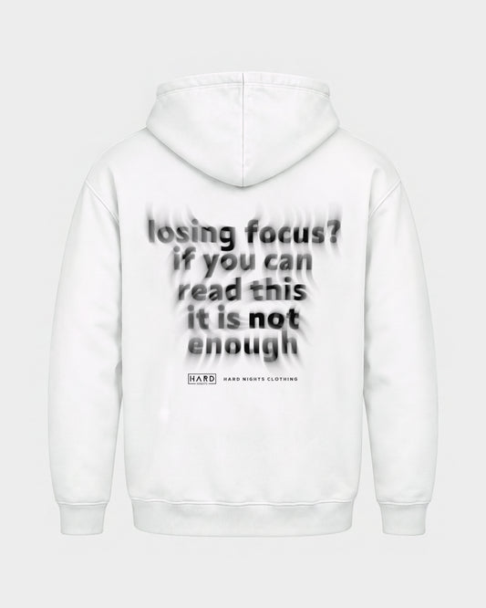 Losing focus? – Basic Hoodie in Weiß, Rückenprint – Hard Nights