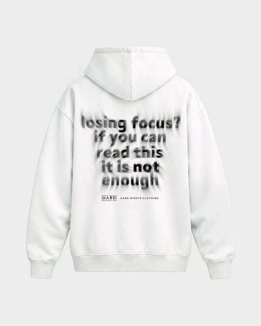Losing focus? – Oversized Hoodie in Weiß, Rückenprint – Hard Nights