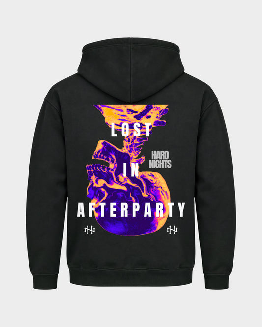 Lost in afterparty – Basic Hoodie in Schwarz, Rückenprint – Hard Nights