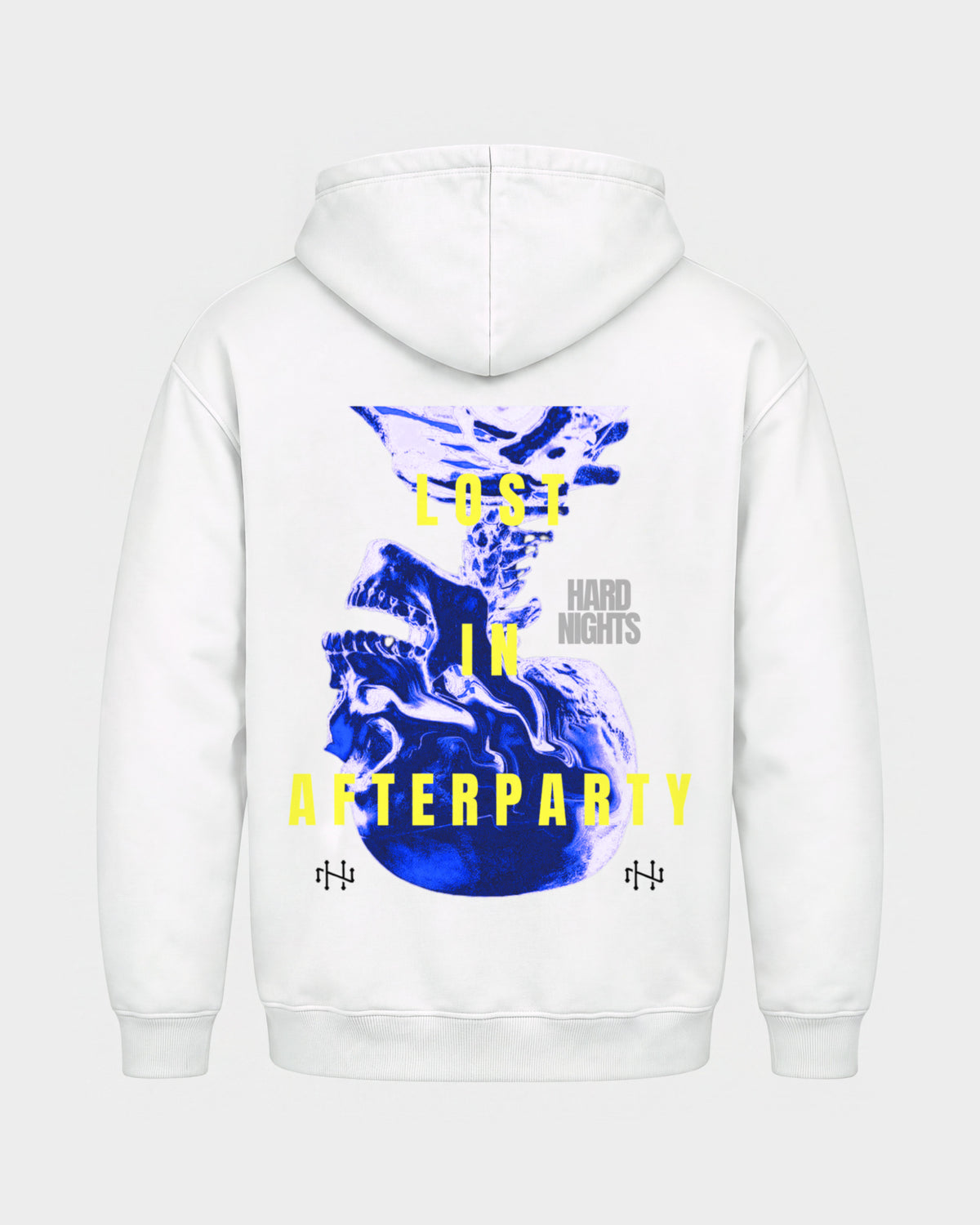 Lost in afterparty – Basic Hoodie in Weiß, Rückenprint – Hard Nights