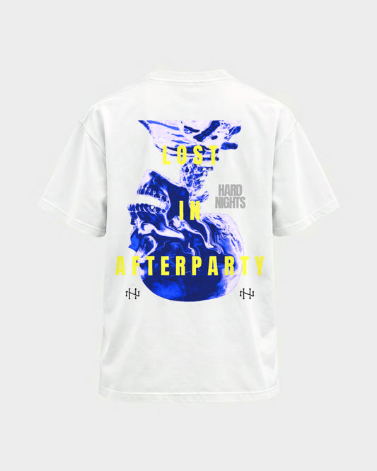 Lost in afterparty – Basic Shirt in Weiß, Rückenprint – Hard Nights