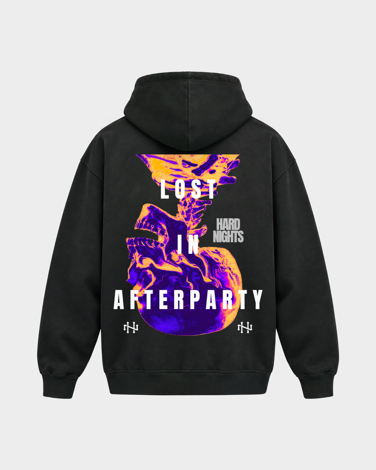 Lost in afterparty – Oversized Hoodie in Schwarz, Rückenprint – Hard Nights