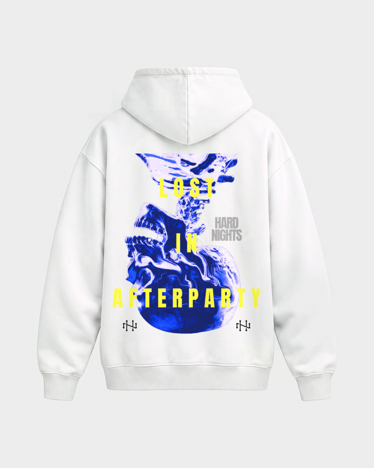 Lost in afterparty – Oversized Hoodie in Weiß, Rückenprint – Hard Nights