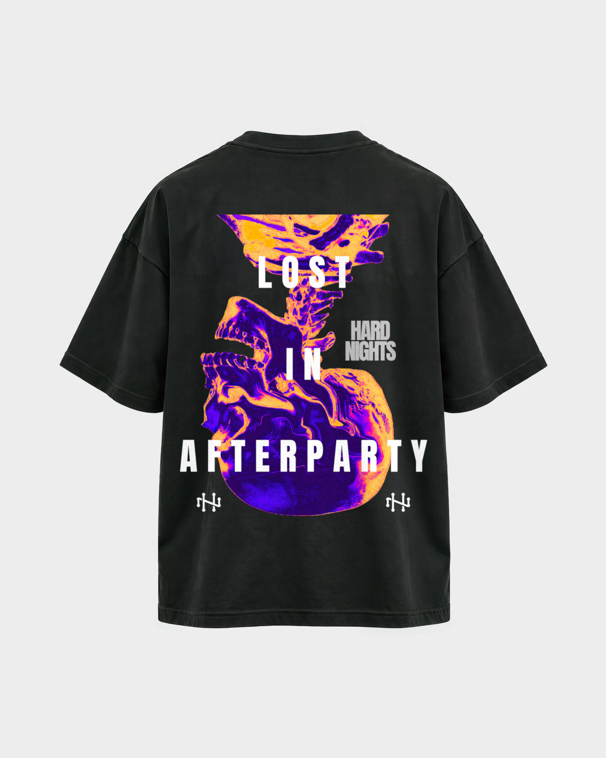 Lost in afterparty – Oversized Shirt in Schwarz, Rückenprint – Hard Nights