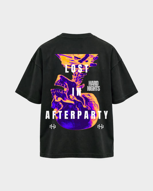 Lost in afterparty – Oversized Shirt in Schwarz, Rückenprint – Hard Nights