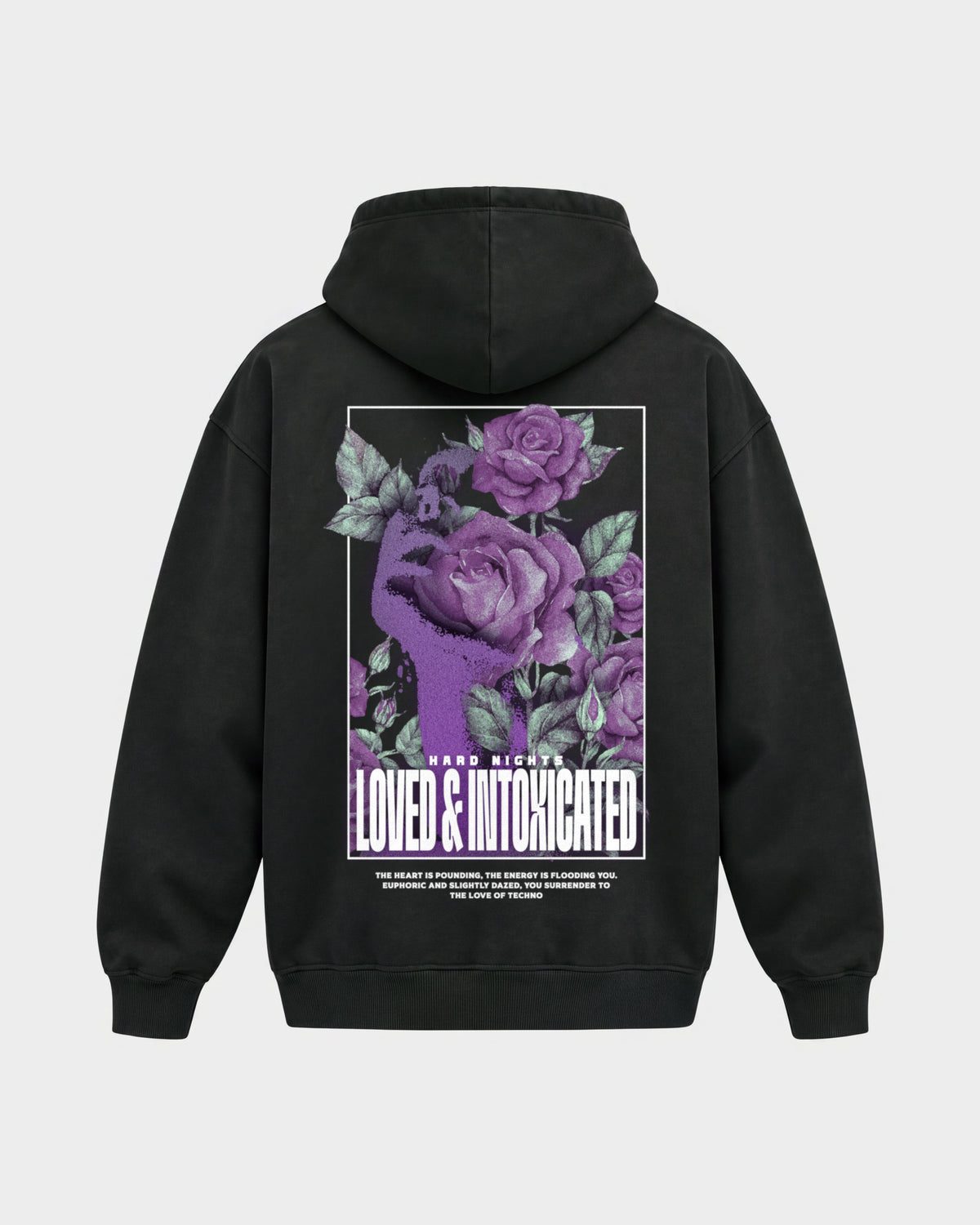 Loved & Intoxicated – Oversized Hoodie in Schwarz, Rückenprint – Hard Nights
