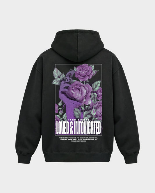Loved & Intoxicated – Oversized Hoodie in Schwarz, Rückenprint – Hard Nights