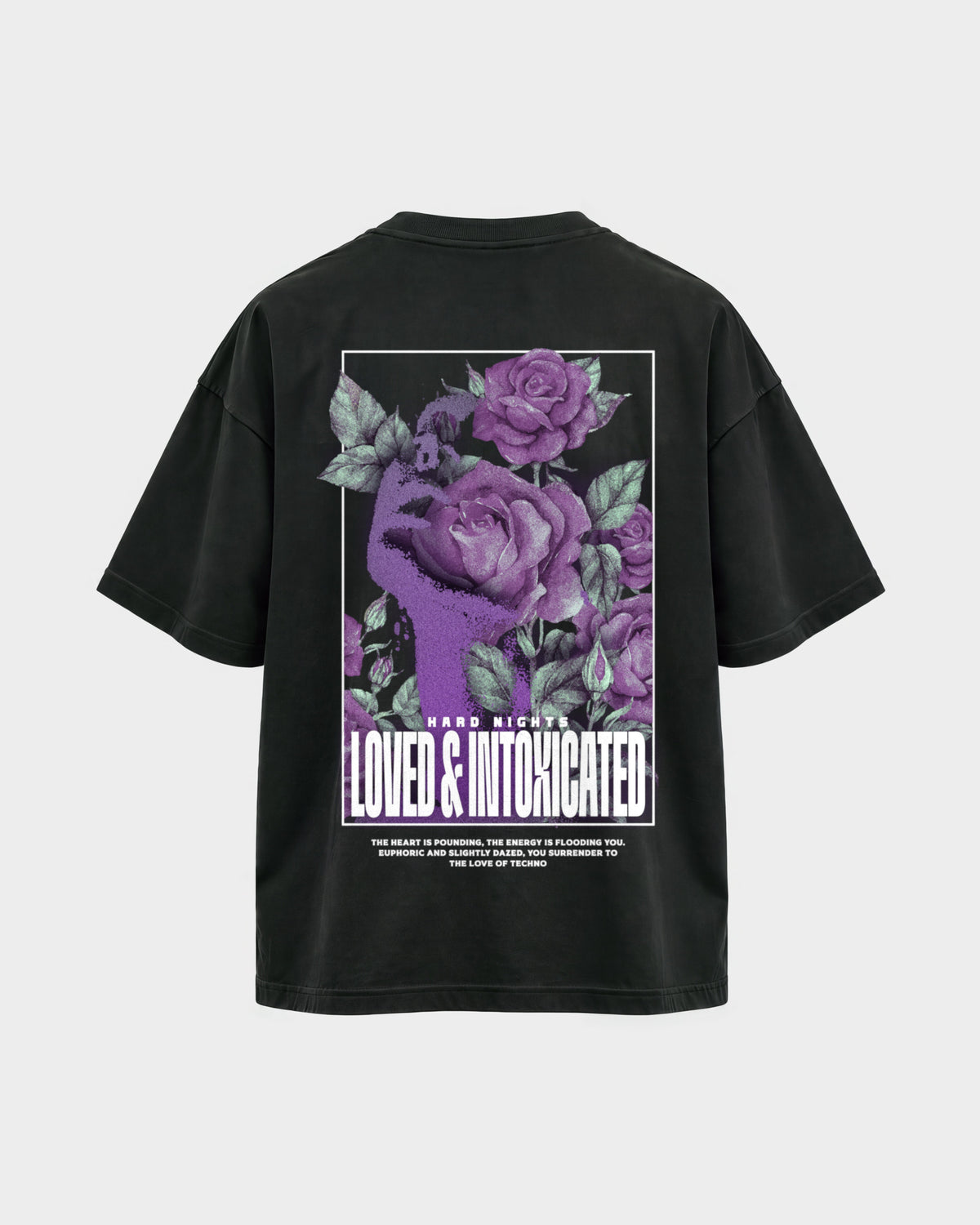 Loved & Intoxicated – Oversized Shirt in Schwarz, Rückenprint – Hard Nights