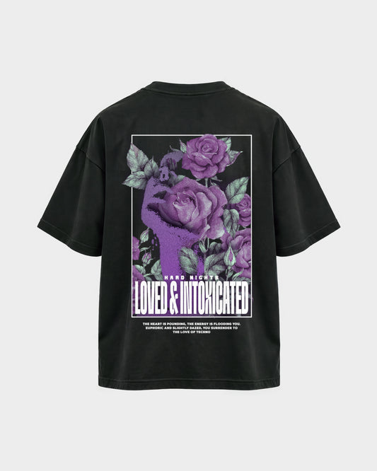 Loved & Intoxicated – Oversized Shirt in Schwarz, Rückenprint – Hard Nights